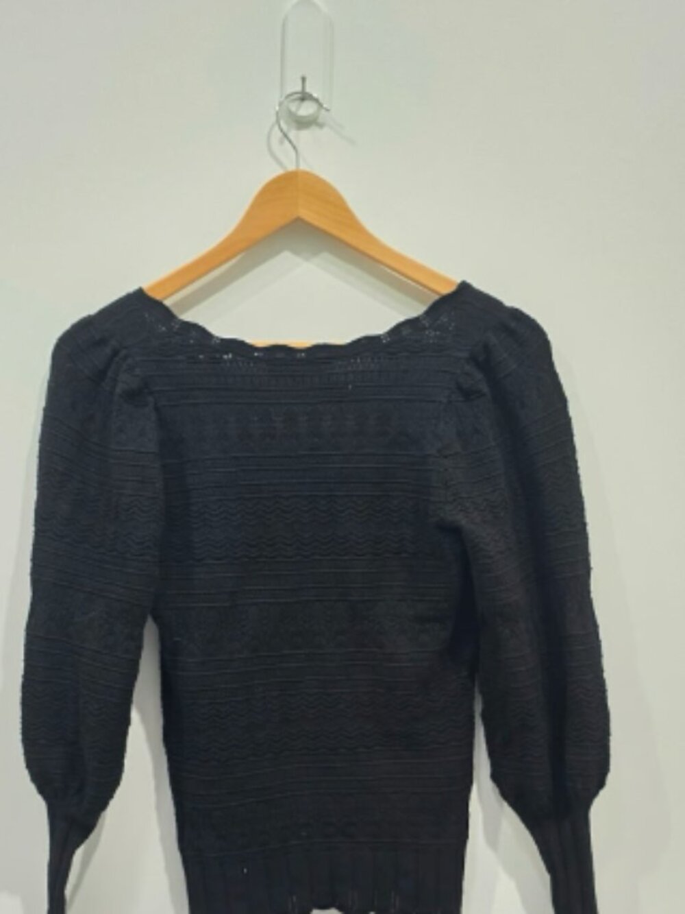 Sézane Black Jacob Jumper Crochet Knit Square Neck Puff Sleeve Sweater XS - Picture 2 of 7